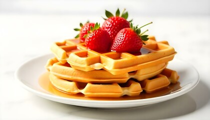 viennese waffles with strawberry and sweet syrup isolated on white background