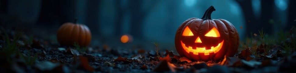 Fototapeta premium Glowing jack-o'-lantern, eerie shadows, dark night, fear, light