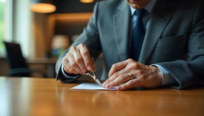 partial view of businessman cutting credit card with scissors at wooden table