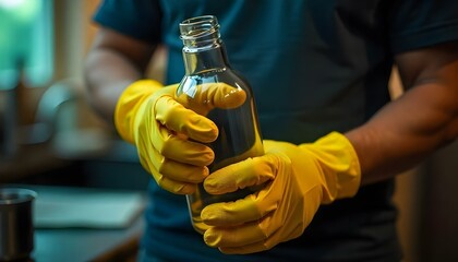 Partial view of man in yellow rubber gloves holding empty glass bottle