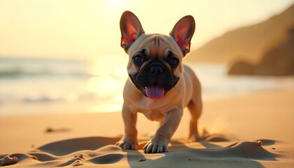 french bulldog with cute muzzle and dark nose on beige background