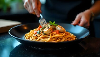cropped view of woman putting delicious Italian spaghetti with seafood on plate isolated on black