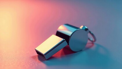 Silver metal whistle, shiny surface, single object , sport, game
