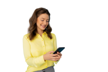 Smiling professional woman texting on smartphone, white background