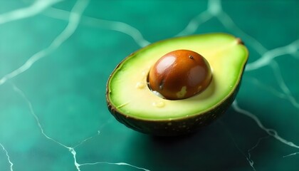half of ripe fresh tasty avocado on green background