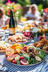 Obraz premium Mediterranean Salad. Picnic with Fresh Salad, Chicken and Champagne on Outdoor Table Setting