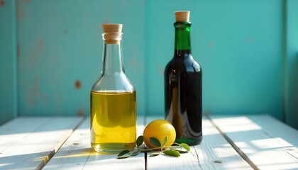 Bottle of olive oil and vinegar isolated on white background