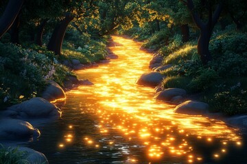 Glowing river flows through forest at dusk; fantasy