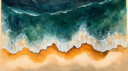 Aerial view of crashing waves meeting a golden beach.  Ocean waves, crashing onto a sandy shoreline. Vivid colors of deep blue, green, and tan create a powerful coastal scene