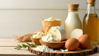 various fresh organic dairy products and eggs on wooden table isolated on white