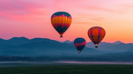 Obraz premium Colorful hot air balloons float over picturesque mountains during sunrise in a vibrant sky. Hot Air Balloon Day