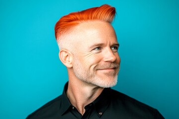 Fototapeta premium Blue solid background. Chic men's high fade haircut - midlife white man with red hair. A handsome man in his 40s with a radiant smile. Visual idea of style for aging men.