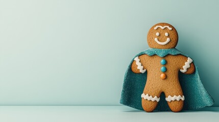 Gingerbread character wearing a blue cape with colorful buttons standing against a soft background. National Gingerbread Day