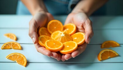 cropped view of woman holding ripe orange tangerine slices arranged in circle on white background