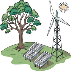 Renewable Energy Concept with Solar Panels, Wind Turbine and Tree on Green Grass