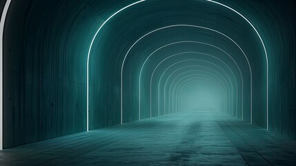 Obraz premium Futuristic tunnel, teal and aqua, glowing neon archways