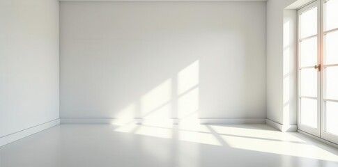 Sunlit empty room, shadows dance on white walls and floor , airy, clean, empty