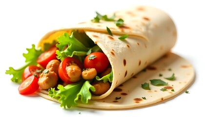 burrito with vegetables and tortilla, isolated on white