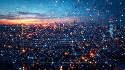 Futuristic city network overlaid with digital connections