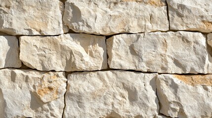 Obraz premium Close-up of a beige stone wall with irregular rectangular blocks, showing texture and sunlight.