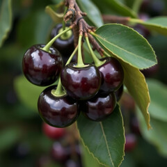Fresh black cherries hang from vibrant green cherry tree, showcasing their glossy skin and rich color. lush leaves provide beautiful backdrop, enhancing natural beauty of this fruit