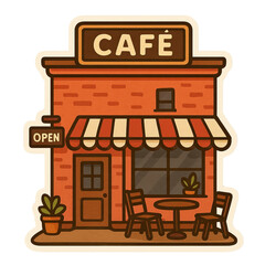 A small cafe with outdoor seating, a striped awning, and a welcoming sign.
