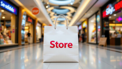 White shopping bag with red store text stands on shiny floor in bright shopping mall corridor filled with blurred shops and lights