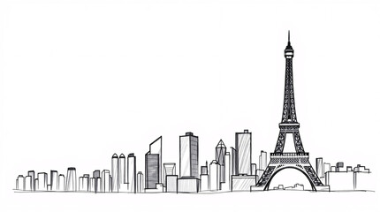 Black and white minimalist illustration combines Tokyo, New York, and Paris landmarks into one unified skyline.