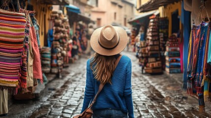 Obraz premium Woman with hat exploring a local market, vibrant shops and colorful souvenirs in blurred background.