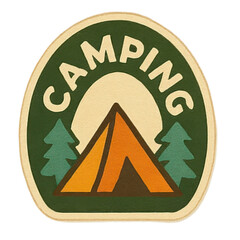 A camping emblem featuring a tent, two pine trees, and the word "CAMPING" in bold letters.