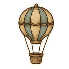 Vintage hot air balloon illustration with a basket and decorative panels.