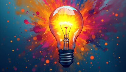 lightbulb eureka moment with impactful and inspiring artistic colourful explosion of paint energy. rainspire. illustration.