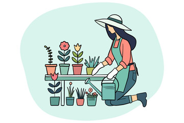 Woman Gardening and Watering Plants Illustration. Good for any project.