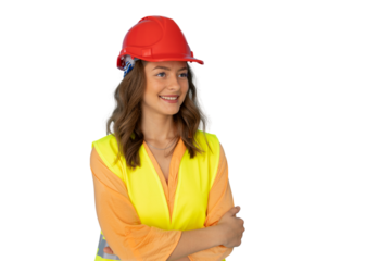 Confident female construction worker wearing hard hat, reflective vest, standing sideways against transparent background