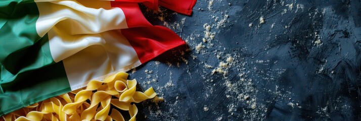Italian republic day celebration with national flag and pasta on rustic background. Festa della Repubblica. Horizontal banner. Copy space. Liberation Day