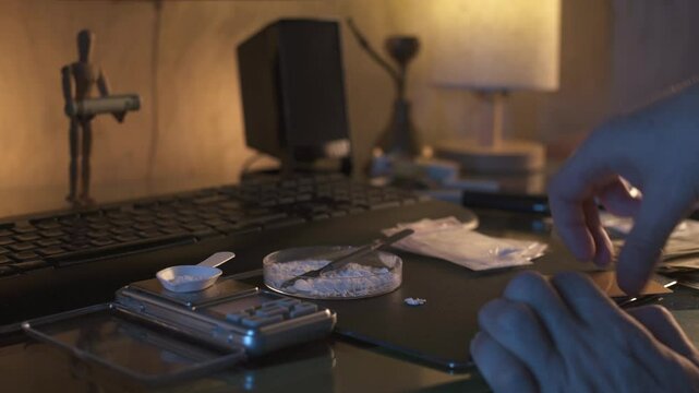 Drug addicted man rolling up dollar bill and snorting white powder. Drug trafficking and distribution. 