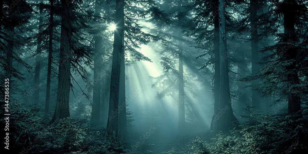 Poster sunbeams pierce a misty forest, illuminating tall trees and undergrowth, creating a serene and mysti
