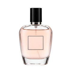A clear glass perfume bottle with a light pink area, black cap, and a square label