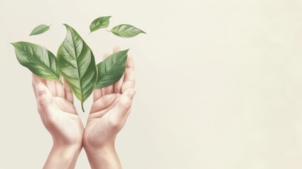 Celebration of world environment day with hands holding green leaves for conservation and sustainability. Horizontal banner. Copy space