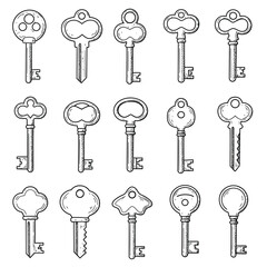 Vintage keys set, vector illustration isolated on a white background
