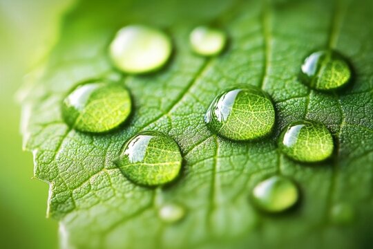 Dew Drops on a Vibrant Green Leaf