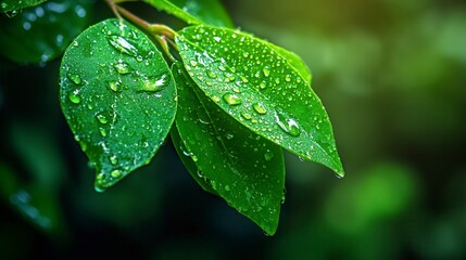 Fototapeta premium Dew drops on vibrant green leaves after rain.