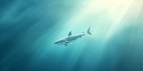 A great white shark gracefully swims through the clear ocean waters, illuminated by soft sunlight filtering through the surface.
