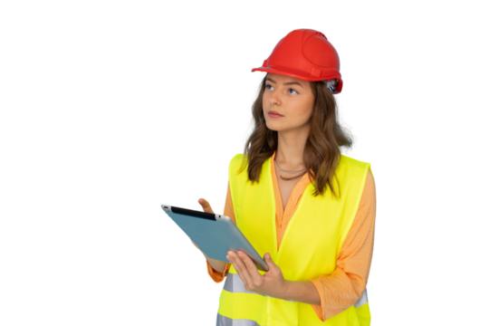 Young woman architect wearing safety helmet and vest using digital tablet on transparent background