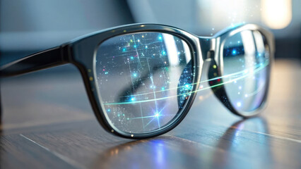 Futuristic glasses with holographic display reflecting digital notes create captivating visual experience