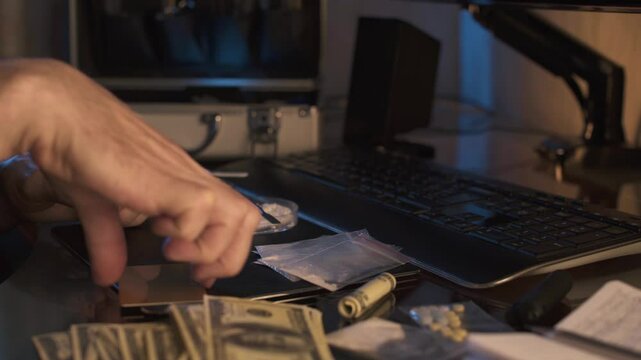 Drug addicted man rolling up dollar bill and snorting white powder. Drug trafficking and distribution. 