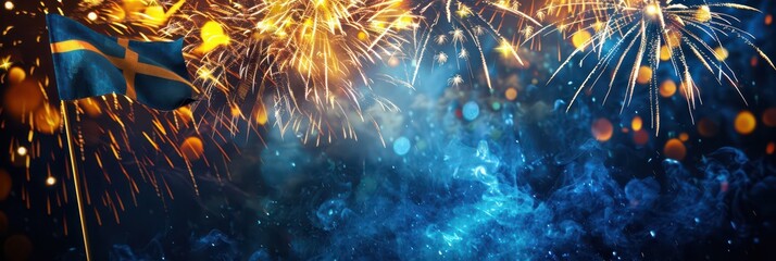 Celebration of sweden's national day with fireworks and flag display. Sveriges nationaldag. Horizontal banner. Copy space. Flag of Sweden and fireworks