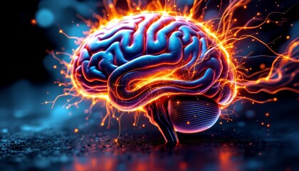 Human Brain Illustration with Glowing Neural Connections and Energy Flow