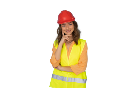 Confident construction worker posing with arms crossed, wearing hardhat and safety vest, on transparent background