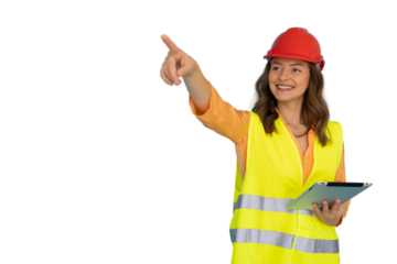 Smiling female engineer wearing safety helmet and vest holding tablet and pointing with finger on transparent background